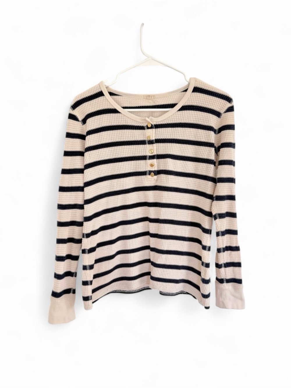 J. Crew Womens Waffle Thermal Henley Top Shirt Striped Blue Ivory Gold Button M